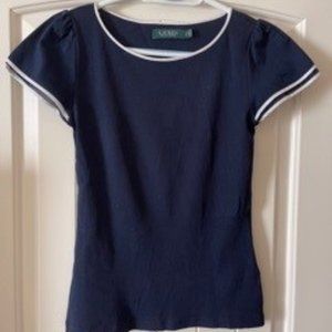 Lauren Ralph Lauren Navy Short Sleeve Ribbed Knit Top - Small Petite